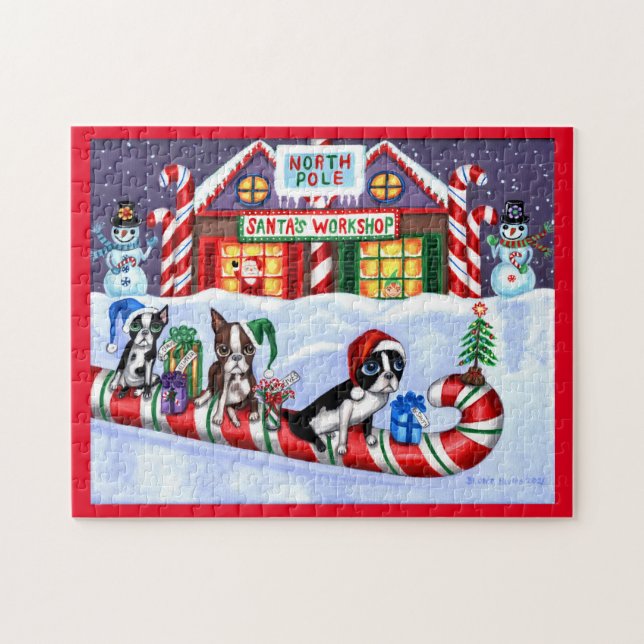 Boston Terriers Candy Cane Santa Christmas Snowman Jigsaw Puzzle (Horizontal)