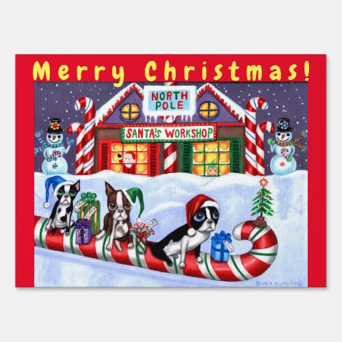 Boston Terriers Candy Cane Santa Christmas Snowman Sign