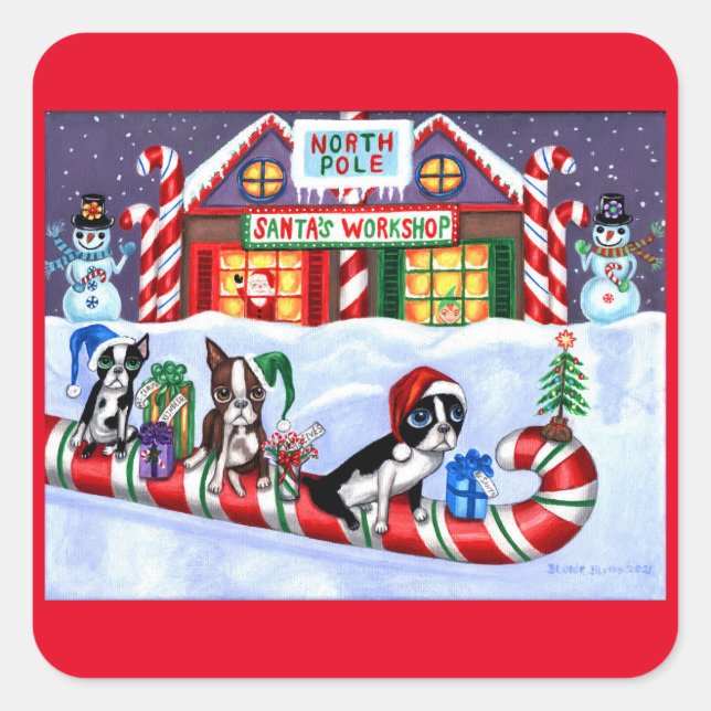 Boston Terriers Candy Cane Santa Christmas Snowman Square Sticker (Front)