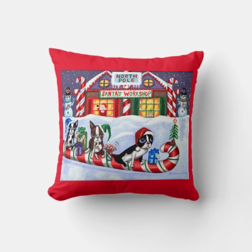 Boston Terriers Candy Cane Santa Christmas Snowman Throw Pillow