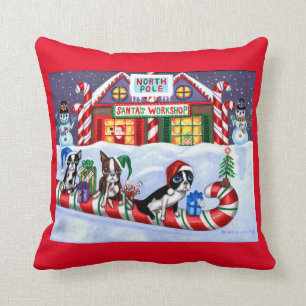 Boston Terriers Candy Cane Santa Christmas Snowman Throw Pillow