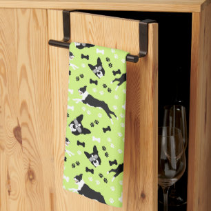 Boston Terriers Green Dog Pattern Kitchen Towel