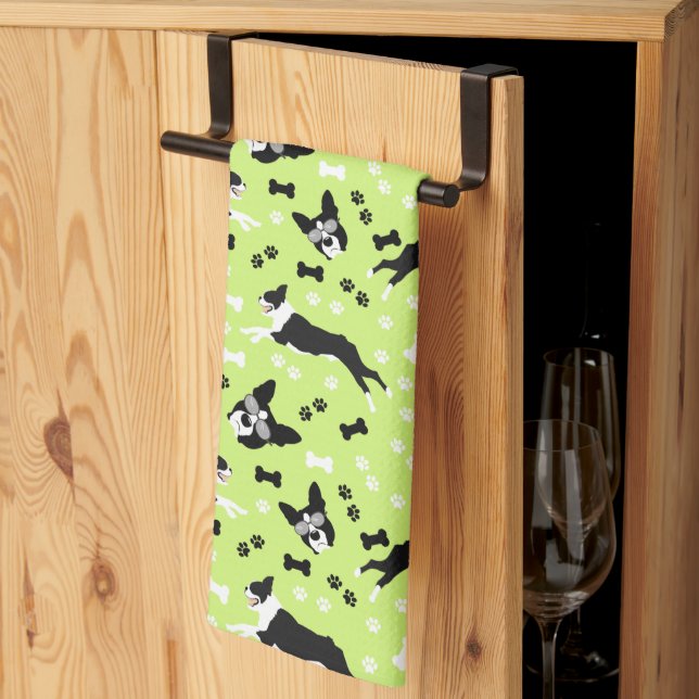 Boston Terriers Green Dog Pattern Kitchen Towel (Thirds Fold)