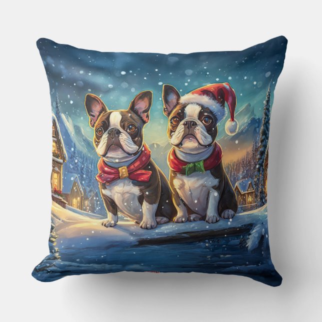 Boston Terriers Holiday Design By Rich AMeN Gill Throw Pillow (Front)