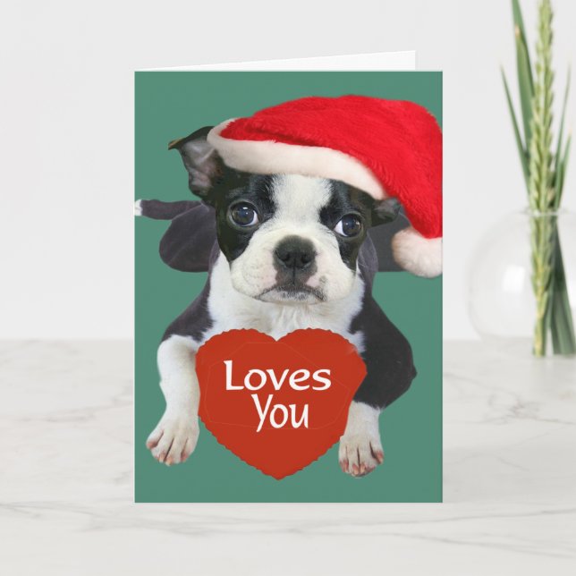 Boston Terriers Santa Holiday Card (Front)
