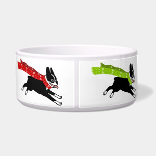 Boston Terriers Wearing Colored Scarves Dog Bowl