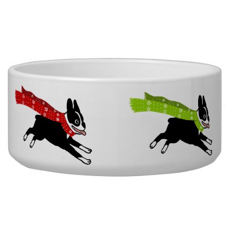 Boston Terriers Wearing Colored Scarves Dog Bowl