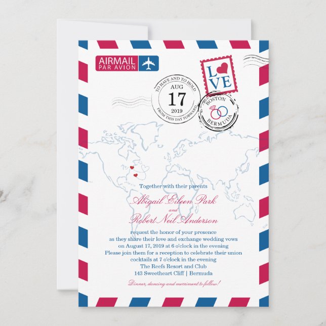 Boston to Bermuda Wedding Airmail Invitation (Front)