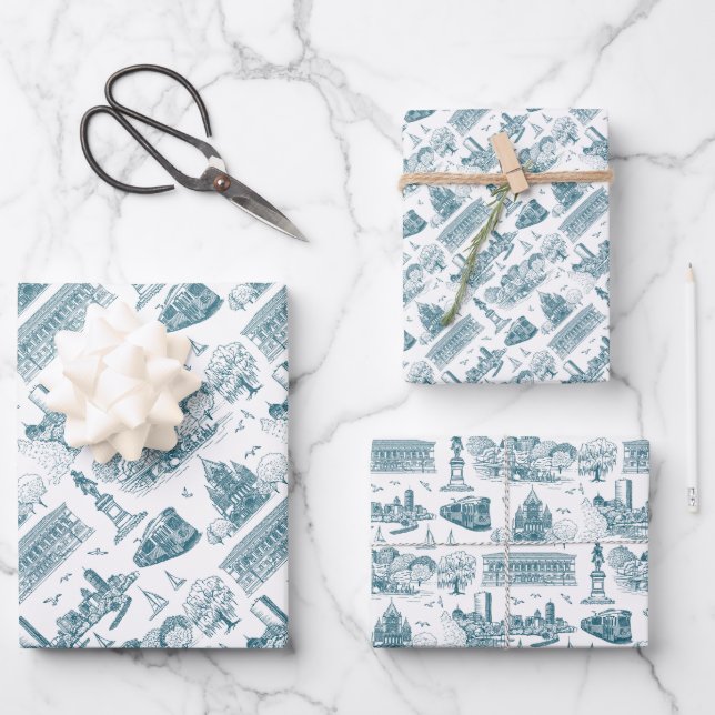 Boston Toile (Anniversary Ed.) Blue/White Wrapping Paper Sheets (Front)