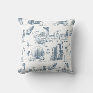 Boston Toile Blue Throw Pillow