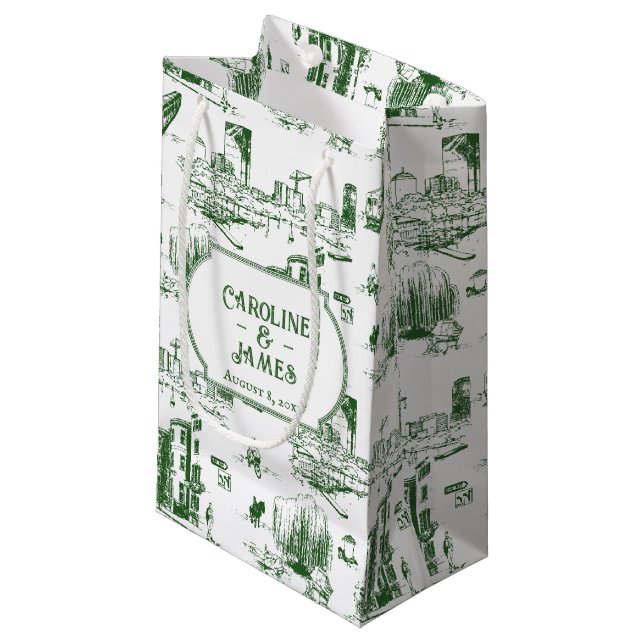 Boston Toile Forest Green Personalized Gift Bag (Front Angled)