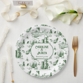 Boston Toile Forest Green Personalized Paper Plate