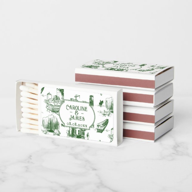 Boston Toile Forest Green Personalized Wedding Matchboxes (Stacked)