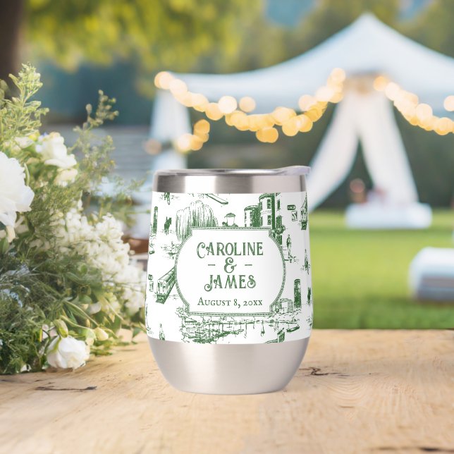 Boston Toile Forest Green Personalized Wedding Thermal Wine Tumbler (Wedding)
