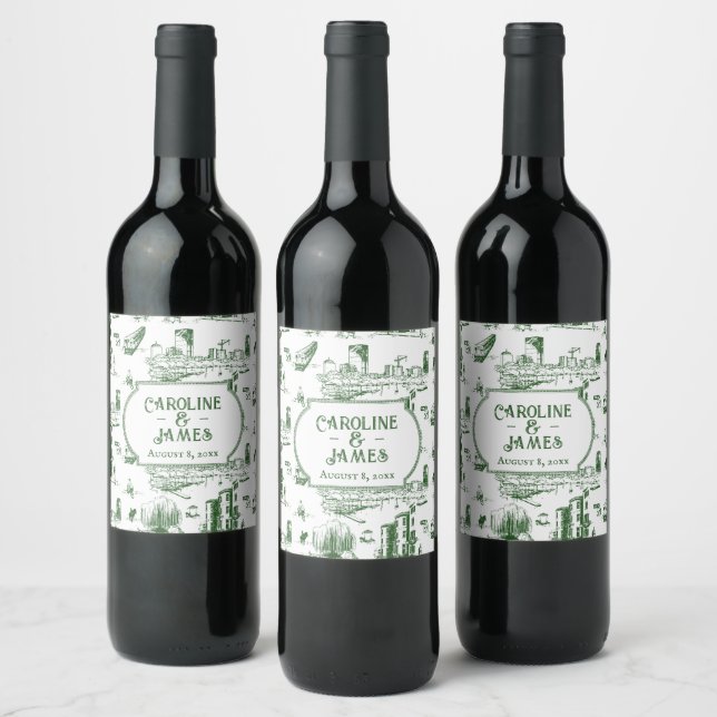 Boston Toile Forest Green Personalized Wine Label (Bottles)