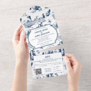Boston Toile Navy All in One Wedding Invite