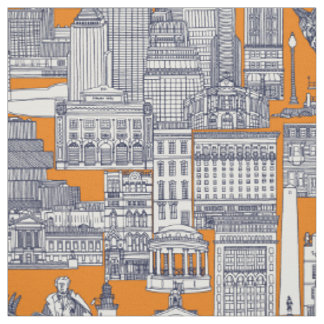 Boston toile navy blue satsuma orange fabric
