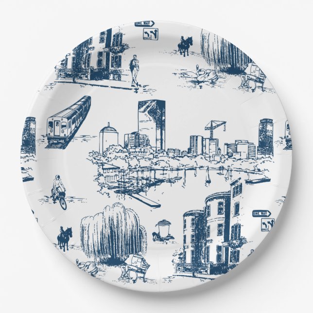 Boston Toile Navy Paper Plates (Front)