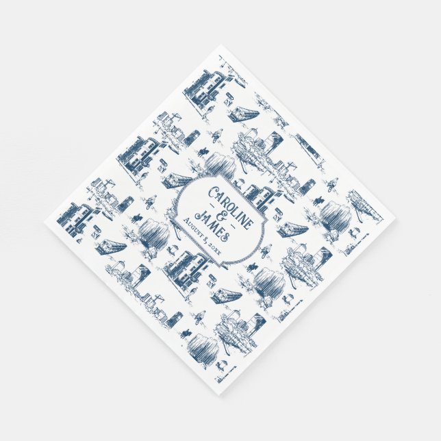 Boston Toile Navy Personalized Paper Napkins (Corner)