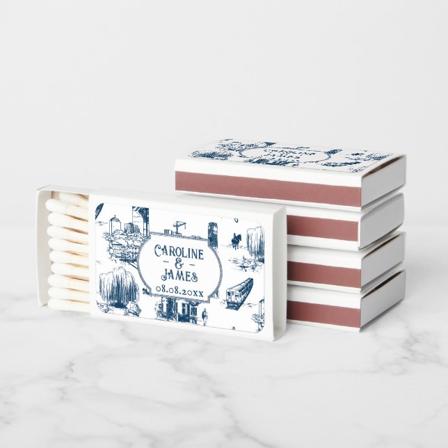 Boston Toile Navy Personalized Wedding Matchboxes (Stacked)