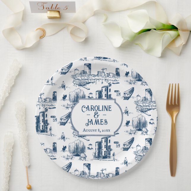 Boston Toile Navy Personalized Wedding Paper Plate (Wedding)