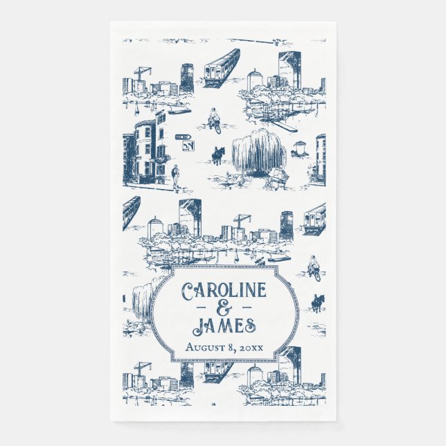 Boston Toile Navy Personalized Wedding Paper Towel (Front)