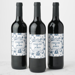 Boston Toile Navy Personalized Wedding Wine Label