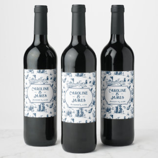 Boston Toile Navy Personalized Wedding Wine Label