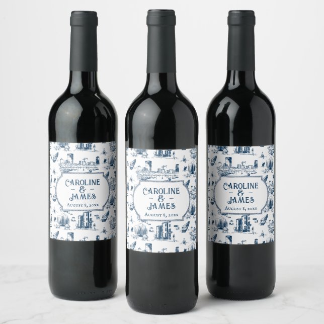 Boston Toile Navy Personalized Wedding Wine Label (Bottles)