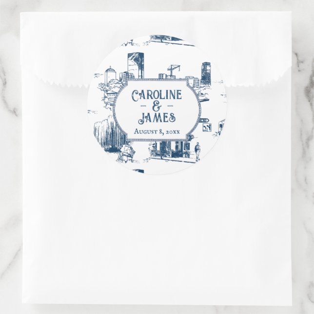 Boston Toile Navy Wedding Personalized 3" Sticker (Bag)