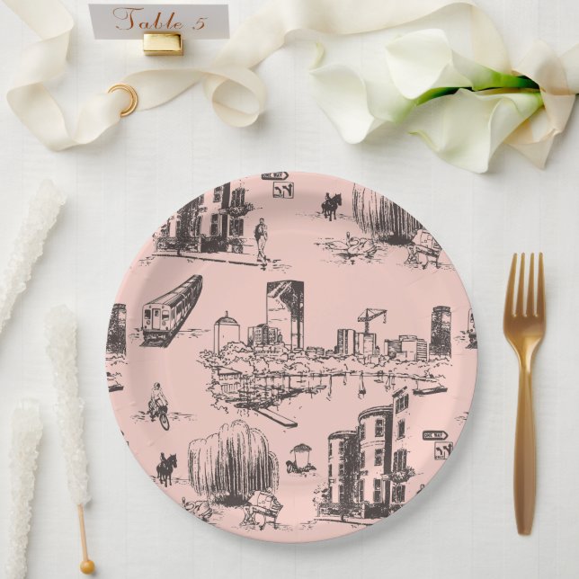 Boston Toile Pink and Black Paper Plates (Wedding)