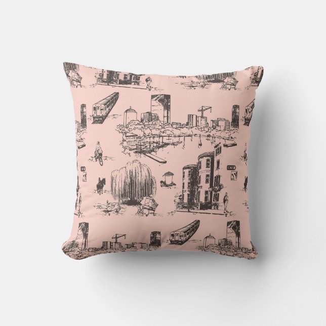 Boston Toile Pink and Black Throw Pillow (Front)