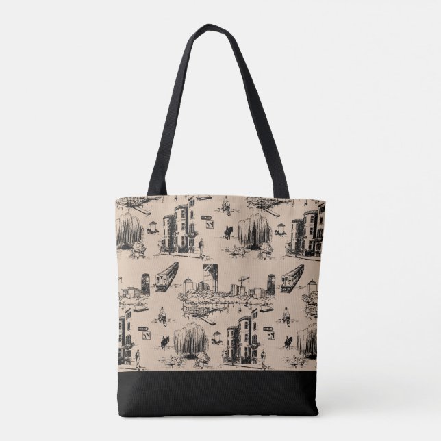 Boston Toile Tan Colorblock Tote Bag (Back)