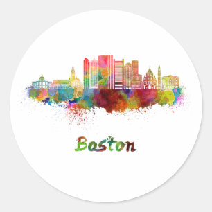 Boston V2 skyline in watercolor Classic Round Sticker