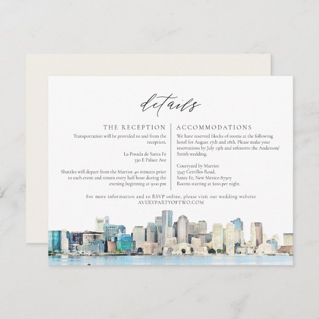 BOSTON Watercolor Skyline Travel Details Card (Front/Back)