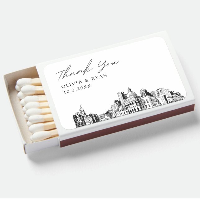 Boston Wedding Favor Custom Thank You Matchboxes (Boston wedding favor matches for bar decor)