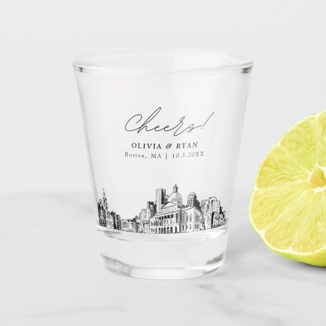 Boston Wedding Favor Personalized Cheers Shot Glass (Front)