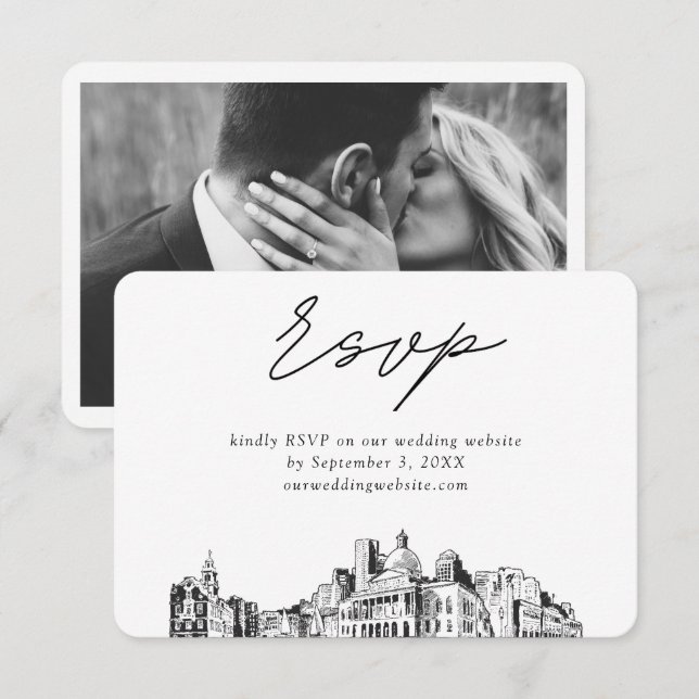 Boston Wedding Minimalist Sketch RSVP Enclosure Card (Front/Back)