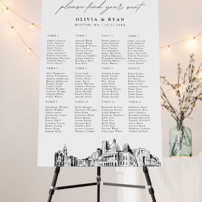 Boston Wedding Seating Chart 12 Tables 24x36 Foam Board (In Situ (Stand))