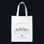 Boston Wedding | Stylized Skyline Grocery Bag<br><div class="desc">A unique wedding bag for a wedding taking place in the beautiful and historic city of Boston.  This bag features a stylized illustration of the city's unique skyline with its name underneath.  This is followed by your wedding day information in a matching open lined style.</div>