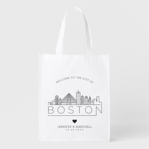 Boston Wedding  Stylized Skyline Grocery Bag