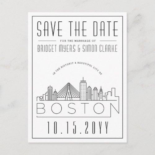 Boston Wedding  Stylized Skyline Save the Date Postcard