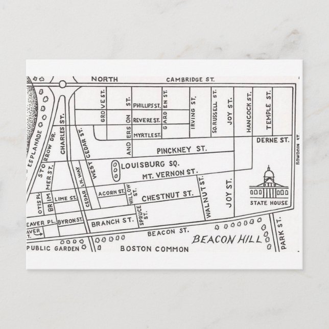 Boston's Beacon Hill Map Postcard (Front)