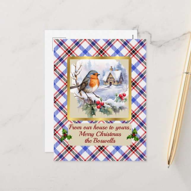 Boswell Crest & Tartan w/Robin Personalized   Holiday Postcard (Front/Back In Situ)