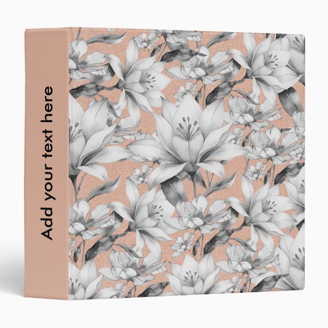Botanic black white rose gold glitter flowers 3 ring binder (Front/Spine)
