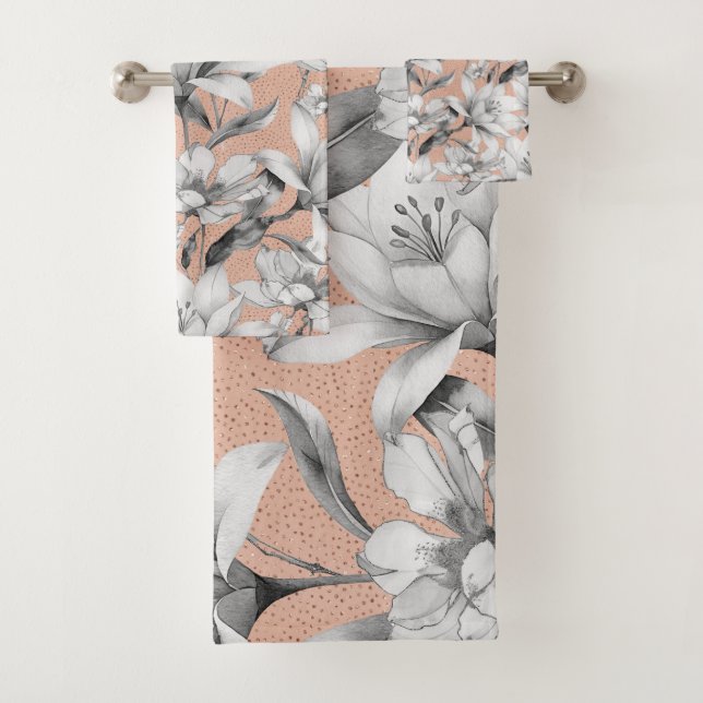 Botanic black white rose gold glitter flowers bath towel set (Insitu)