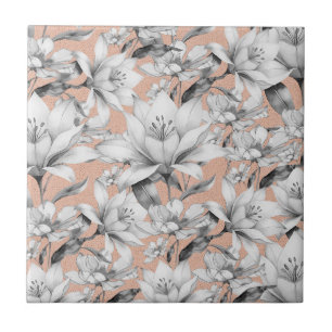 Botanic black white rose gold glitter flowers Ceramic Tile