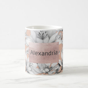 Botanic black white rose gold glitter flowers coffee mug