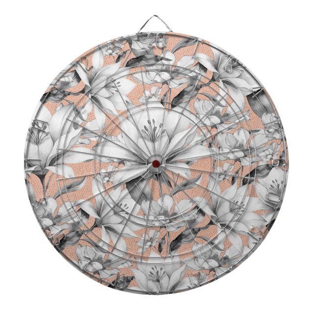 Botanic black white rose gold glitter flowers dart board (Front)