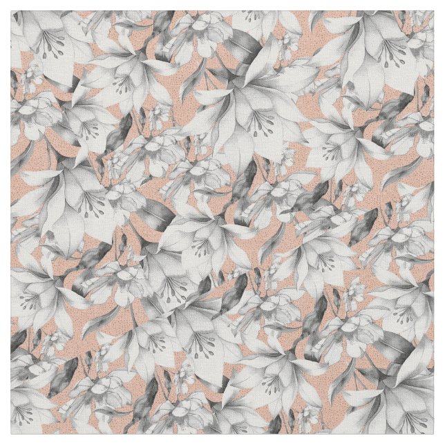 Botanic black white rose gold glitter flowers fabric (Close Up)